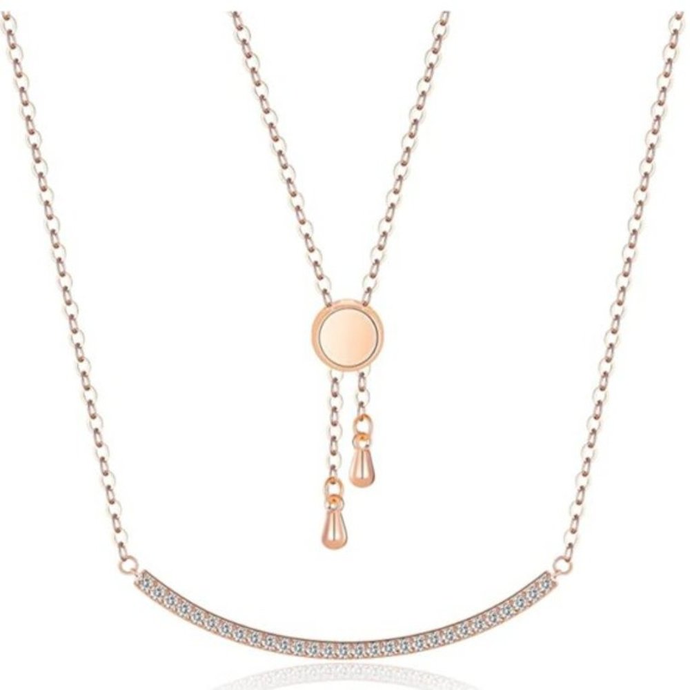 14K Rose Gold Filled CZ Curved Smile Bar Necklace